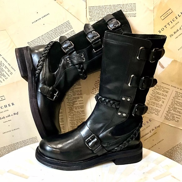 Free People Billie Buckle Moto Boot Braided Trim Black Leather